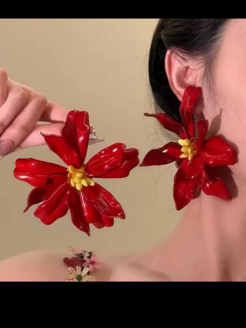 Red Floral Statement Drop Earrings - Women Jewelry